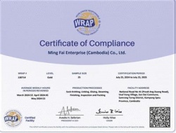 祝賀Ming Fai Enterprise (Cambodia) Co., Ltd.柬埔寨工廠2024年快速通過(guò)WRAP認(rèn)證
